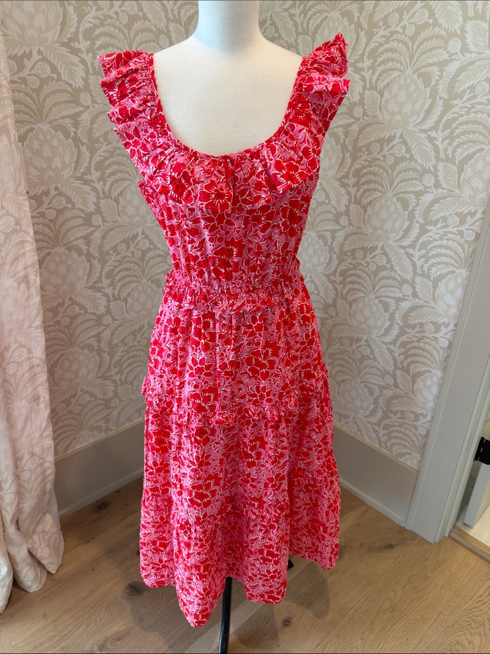 J. Crew Red Pink Floral Ruffle Midi Dress